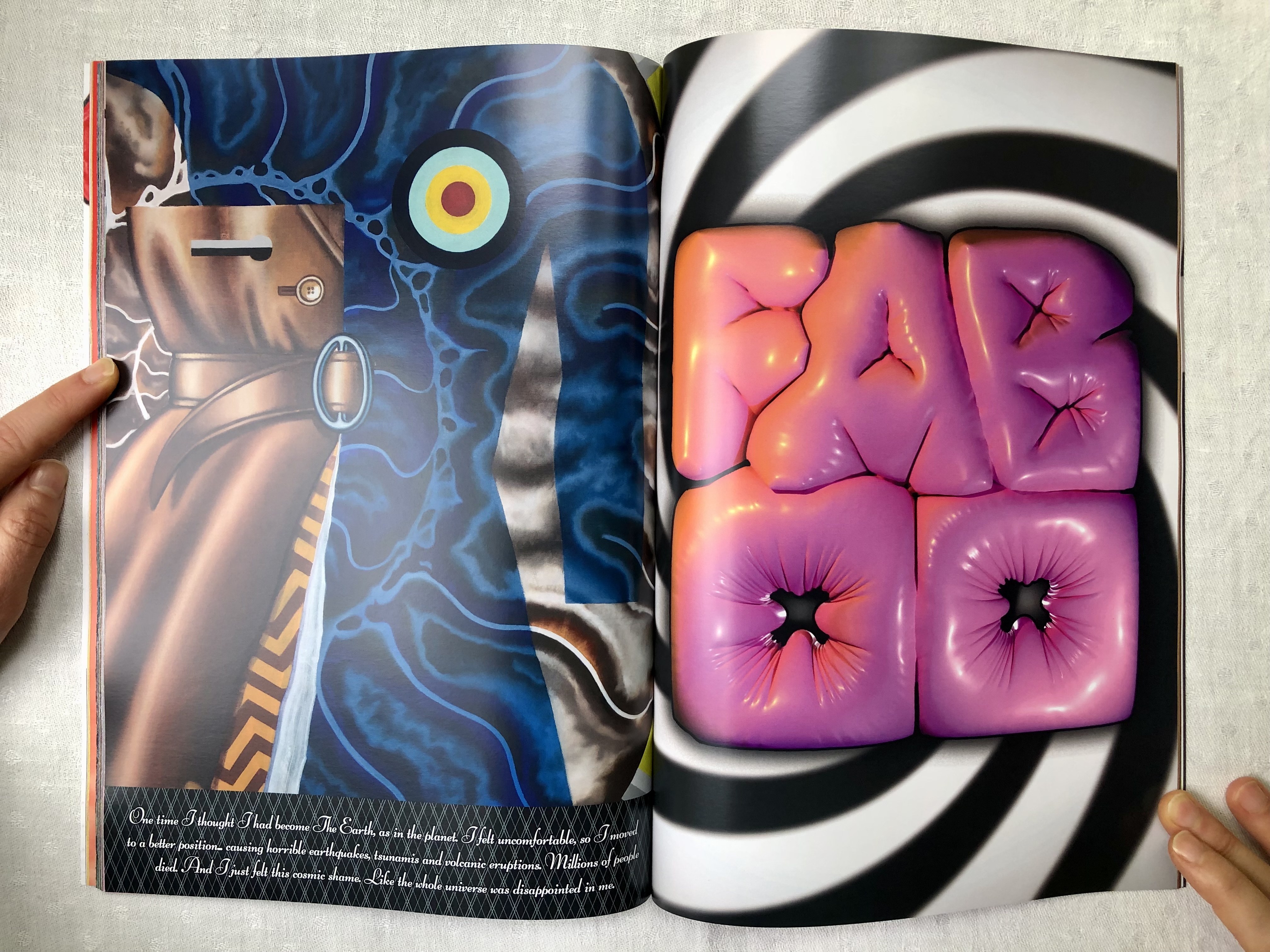 Magazine spread against a gray background. The left page has a collage of a trenchcoat against a colorful patterned background. The right page shows bubbly 3D text that reads Faboo against a spiral background.